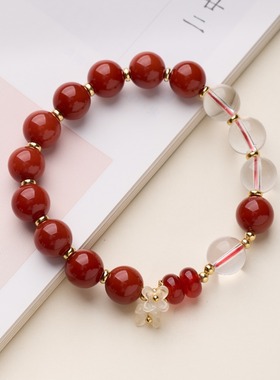 天然10MM红玛瑙手链女金秋转运桂花手串新中式高级感水晶手工手串