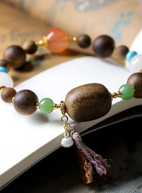 黄奇楠沉香木新中式国风手链天山翠南红玛瑙手编文玩转运好看手串