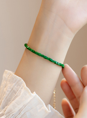 优化孔雀石原石绿孔雀石手链女极细款单圈小玉石手链宝石夏天手串
