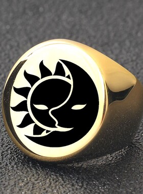 新款欧美跨境不锈钢圆形简约22MM太阳月亮男戒指复古时尚个性