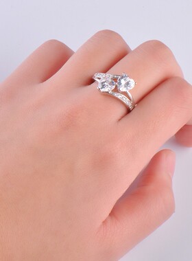 新款亚马逊白金炫彩心形边白钻锆石戒指个性欧美风时尚首饰品