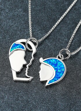新款欧美跨境时尚流行饰品白金蓝澳宝头像拼图套装项链女简约颈链