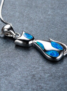 新款跨境日韩风饰品蓝色澳宝猫咪项链吊坠女时尚百搭设计感锁骨链