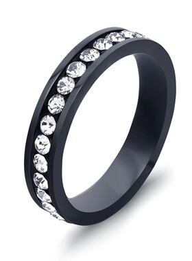 新款欧美跨境ins百搭个性4MM单排镶钻情侣对戒指环不锈钢戒指饰品