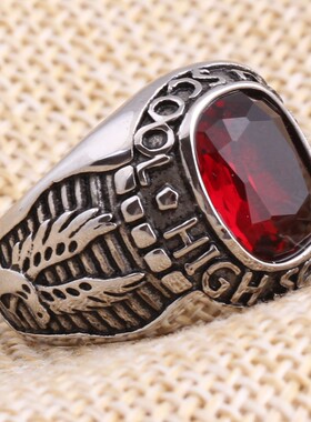 新款欧美个性时尚复古朋克双鹰不锈钢军戒男士钛钢宝石戒指厂家女