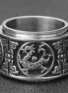 国潮不掉色做旧钛钢16MM可旋转四大神兽双龙戏珠不锈钢戒指刻字