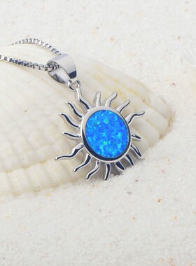 新款 亚马逊 ins风 蓝色澳宝太阳吊坠澳宝项链饰品镶进口欧泊