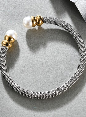 新款欧美跨境热卖简约5MM电缆线珍珠手镯时尚不锈钢配饰双色电镀