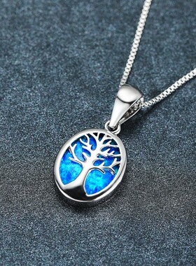新款欧美时尚蓝色澳宝希望树项链镂空生命树吊坠跨境厂家饰品
