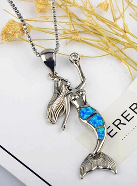 新款亚马逊ins风欧美风蓝色澳宝美人鱼项链鱼美人吊坠毛衣链欧珀