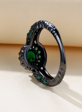 新款跨境个性风潮黑金 祖母绿1个石头边镶小钻戒指