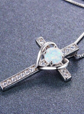新款跨境时尚个性S925圆形白色澳宝桃心镶钻十字架项链百搭锁骨链
