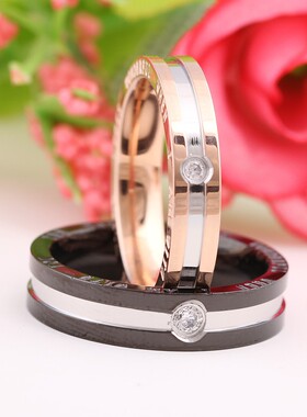 新款欧美ins简约单钻5MM 4MM个性情侣对戒黑金双色刻字情人节礼