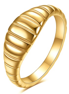 新款欧美跨境女时尚简约面包条纹18K金不锈钢304戒指气质百搭热卖
