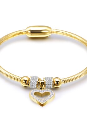 新款欧美跨境3MM热卖时尚简约ins镂空镶钻桃心蛇链手镯磁铁扣手环