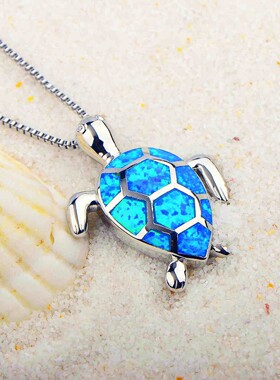 新款 女欧美夏威夷海洋蓝色澳宝乌龟项链乌龟吊坠欧珀项链