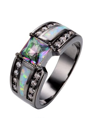 新款欧美跨境黑金白澳宝炫彩方钻对称戒指男士个性夸张戒指环