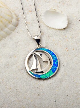 新款 ins风 爆款澳宝蓝色帆船项链吊坠饰品镶进口欧泊