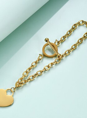新款跨境欧美爱心OT链光面爱心刻字激光Logo女钛钢手链简约不锈钢