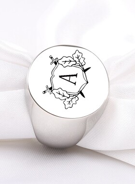 新款跨境摇滚复古朋克乐队 激光双剑树叶字母钛钢戒指不锈钢银色