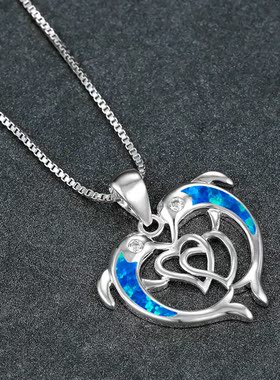 新款欧美时尚蓝色澳宝白金白澳宝两只海豚双心吊坠项链女跨境