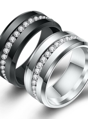 新款厂家 不锈钢单排镶钻8MM戒指黑白钛钢对戒时尚百搭可刻字激光