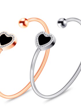 新款欧美亚马逊简约15MM开口手镯时尚不锈钢滴油镶钻爱心钛钢手环