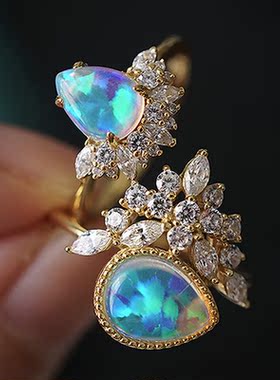 新款跨境热卖黄金水滴形蓝澳宝镶嵌白钻戒指欧美风复古水滴食指环