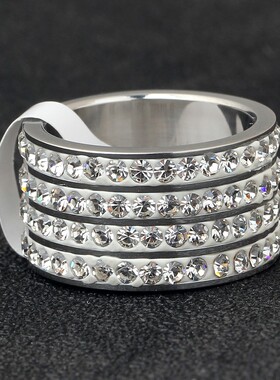 新款时尚欧美镶钻四排钻8MM不锈钛钢戒指厂家简约戒指指环女