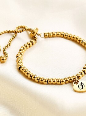 新款跨境热卖不锈钢爱心26字母欧美4MM圆珠不锈钢镀14K金可调节手