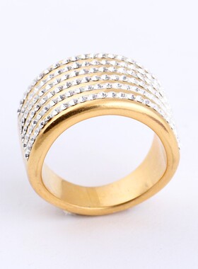 新款厂家欧美夸张复古镶钻6排指环18K金铸造钛钢戒指时尚饰品