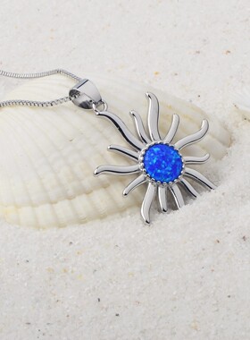 新款 ins风 爆款蓝色澳宝太阳吊坠饰品镶进口欧泊