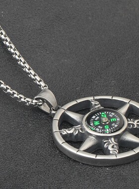 新款男士个性复古指南针指北针星星状钛钢项链不锈钢户外野外求生