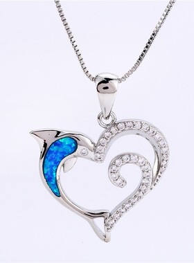 新款时尚OL风玫瑰金白金蓝白澳宝海豚半边满白钻波浪爱心吊坠项链