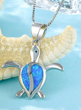 新款 ins风 爆款澳宝蓝色乌龟项链吊坠饰品镶进口欧泊