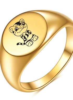 新款不锈钢12MM圆形指环十二生肖钛钢18K金色指环钢金玫圆形戒指