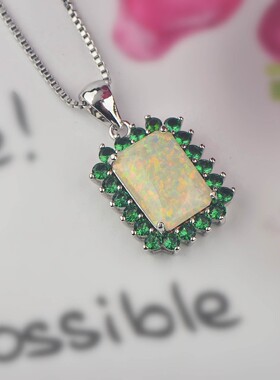 新款 项链女白色澳宝方形复古项链欧式吊坠毛衣链欧珀