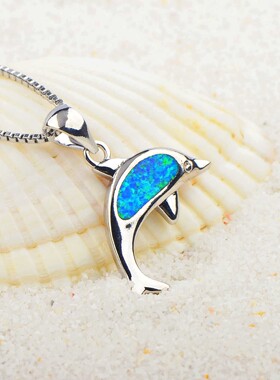 新款Opal 澳宝女小海豚吊坠澳宝海豚项链时尚彩宝饰品镶进口欧泊