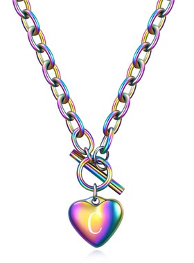 新款欧美跨境彩色26个字母爱心OT项链钛钢不锈钢桃心吊坠项链