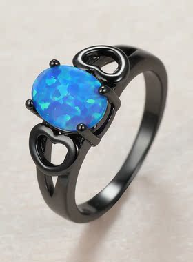 新款欧美跨境黑金蓝色椭圆澳宝+边黑色心镂空形百搭戒指