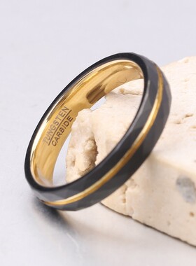 新款欧美跨境简约18K金凹槽黑色菱形4 6MM时尚个性钨钢戒指女