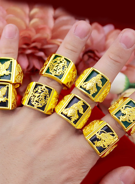 老鹰沙金关公绿宝石现货男戒