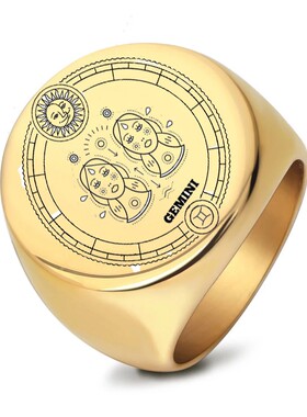 新款欧美22mm圆形不锈钢十二星座男士戒指复古时尚食指戒个性