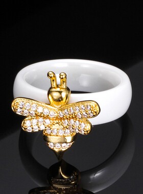 新款欧美跨境热卖ins简约气质6MM蜜蜂陶瓷戒指指环微镶锆石女百搭