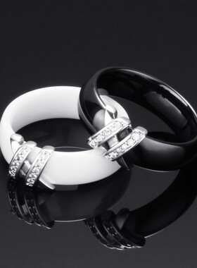 新款欧美跨境创意6MM黑白双X镶钻钛钢陶瓷不锈钢戒指简约百搭热卖