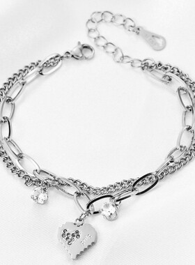 新款欧美跨境双层别针O字链镶钻爱心18K个性百搭手链手环热卖