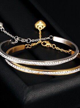 新款跨境亚马逊欧美4MM单排镶钻18K金钛钢手镯开口可调节爱心手链