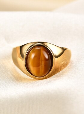 新款18K金不锈钢金属椭圆形虎眼石黑曜石订婚戒指珠宝女复古钛钢