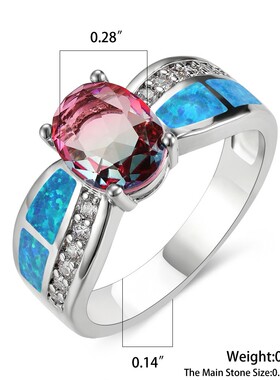 新款跨境气质欧美椭圆白金双色澳宝+碧玺个性指环