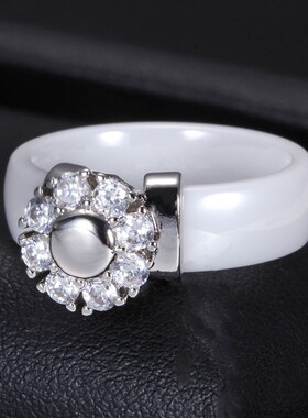 新款热卖欧美6MM简约圆形陶瓷黑白镶钻戒指情人节礼物对戒